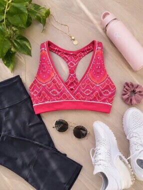 Athleta Racerback Sports Bra Pink Orange Tribal Print Medium Support XS